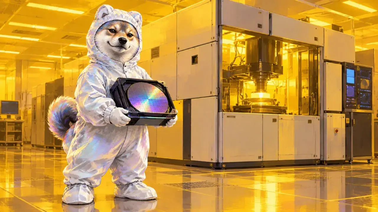 SInu in an iridescent cleanroom suit holding a silicon wafer inside a chip fab