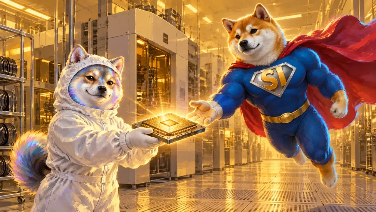 SI Inu in a cleanroom suit handing a glowing chip to a flying superhero Shiba with SI on its chest