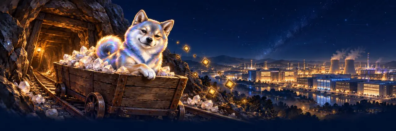 SInu riding a mine cart full of quartz out of the mine, with glowing chips flying toward a city of chip fabs at night